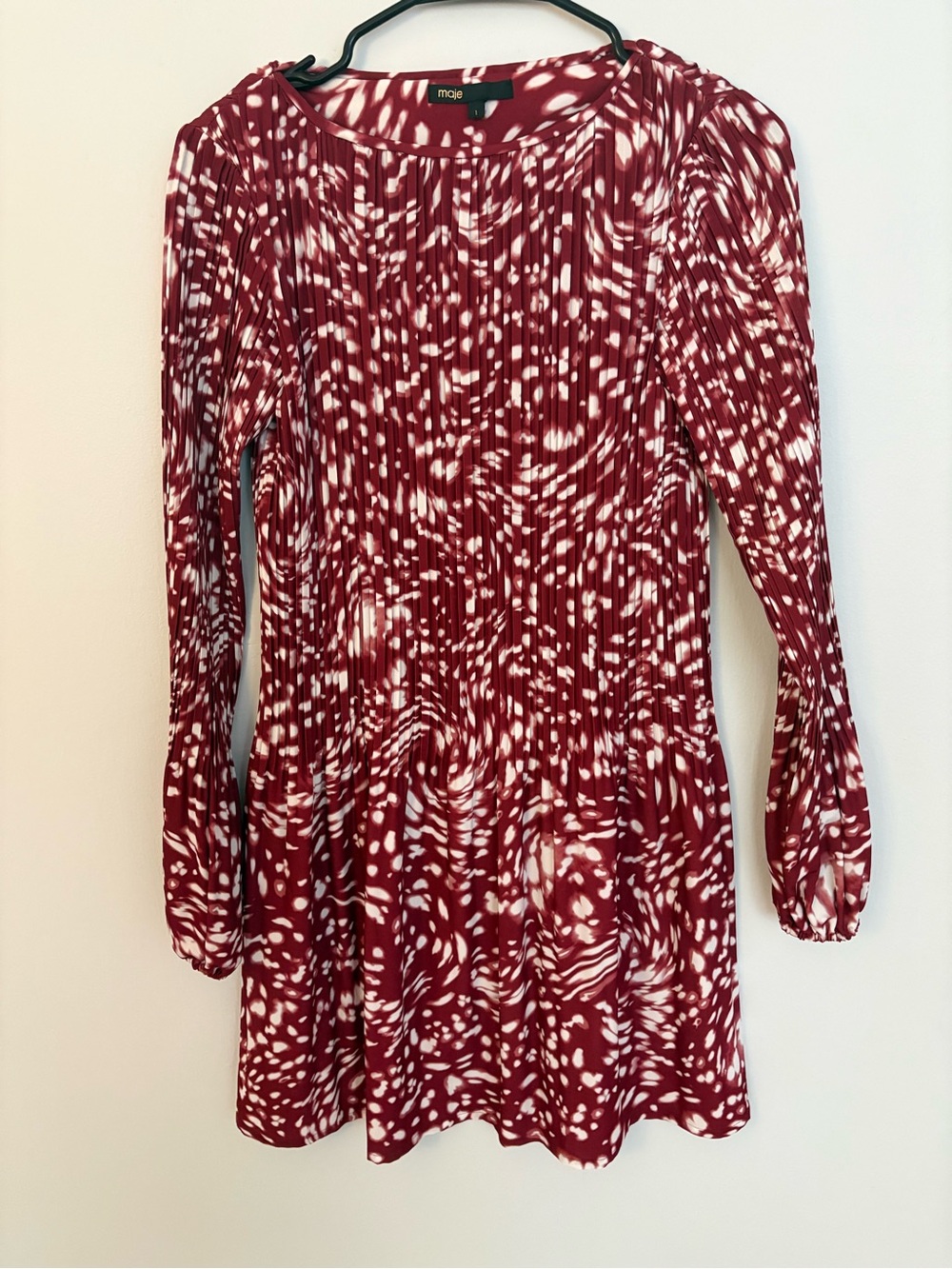 Maje Red and White Printed Long-Sleeve Mini Dress